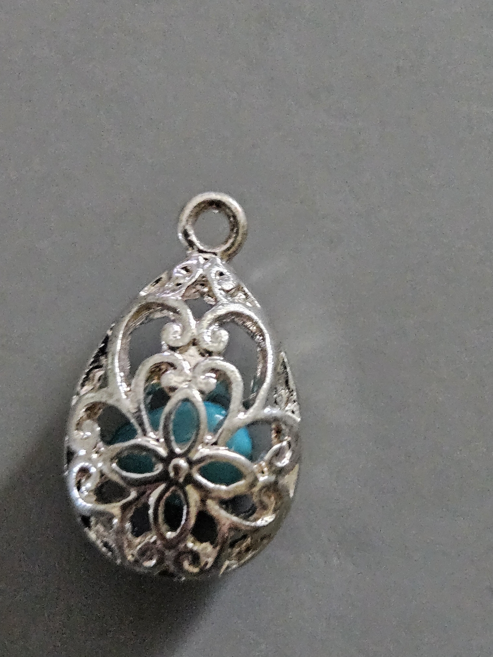 Silver Filigree Teardrop Pendant with Turquoise Stone  Accent